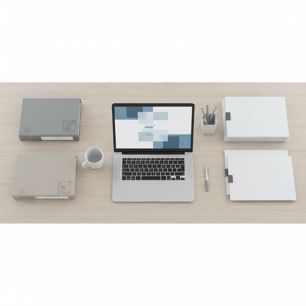 An organized office desk displays a sleek laptop alongside neatly stacked paper documents and labeled folders. The bright, minimalist workspace provides an efficient environment for managing corporate financial tax filings.