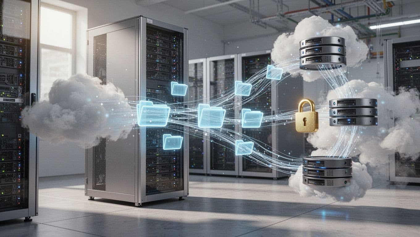 Cloud servers with folders syncing to remote icons like Google Drive and AWS, secured by locks in modern data center.