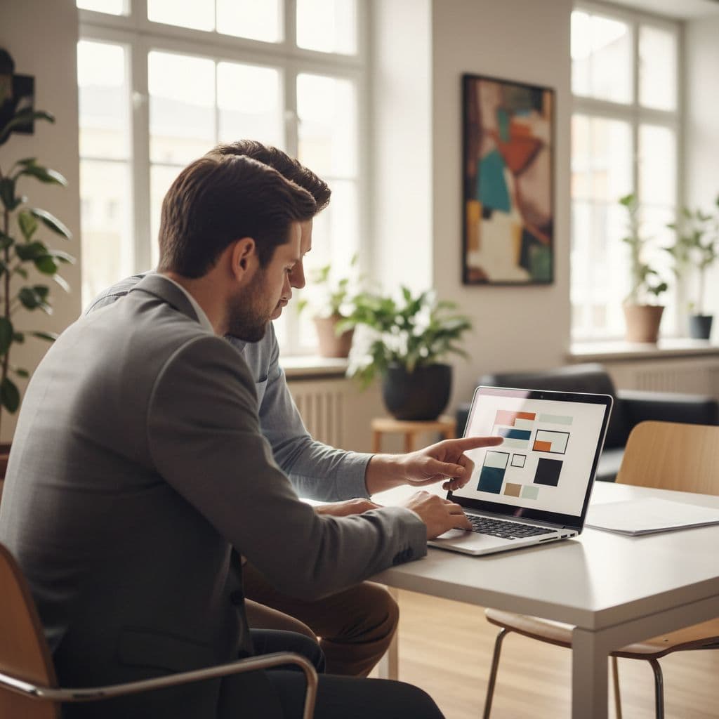 An entrepreneur and a web designer sit together at a clean desk, reviewing a laptop screen. One individual points toward the display while discussing project requirements in a brightly lit office.