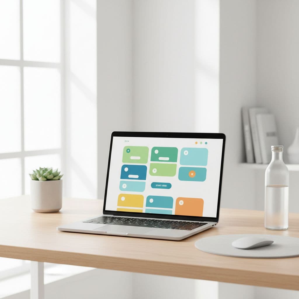 A high-end laptop sits on a polished wooden desk, displaying a minimalist web design interface with colorful interface blocks. Natural light streams from a side window, highlighting the clean professional environment.