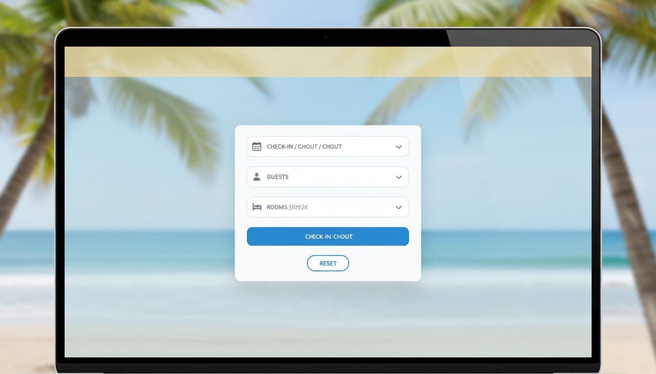 Laptop screen shows clean hotel reservation form with date and guest fields, subtle beach background.