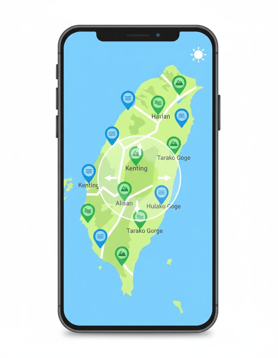 Mobile phone screen shows simplified interactive map with pins on Taiwan beaches and mountains in sunny weather.