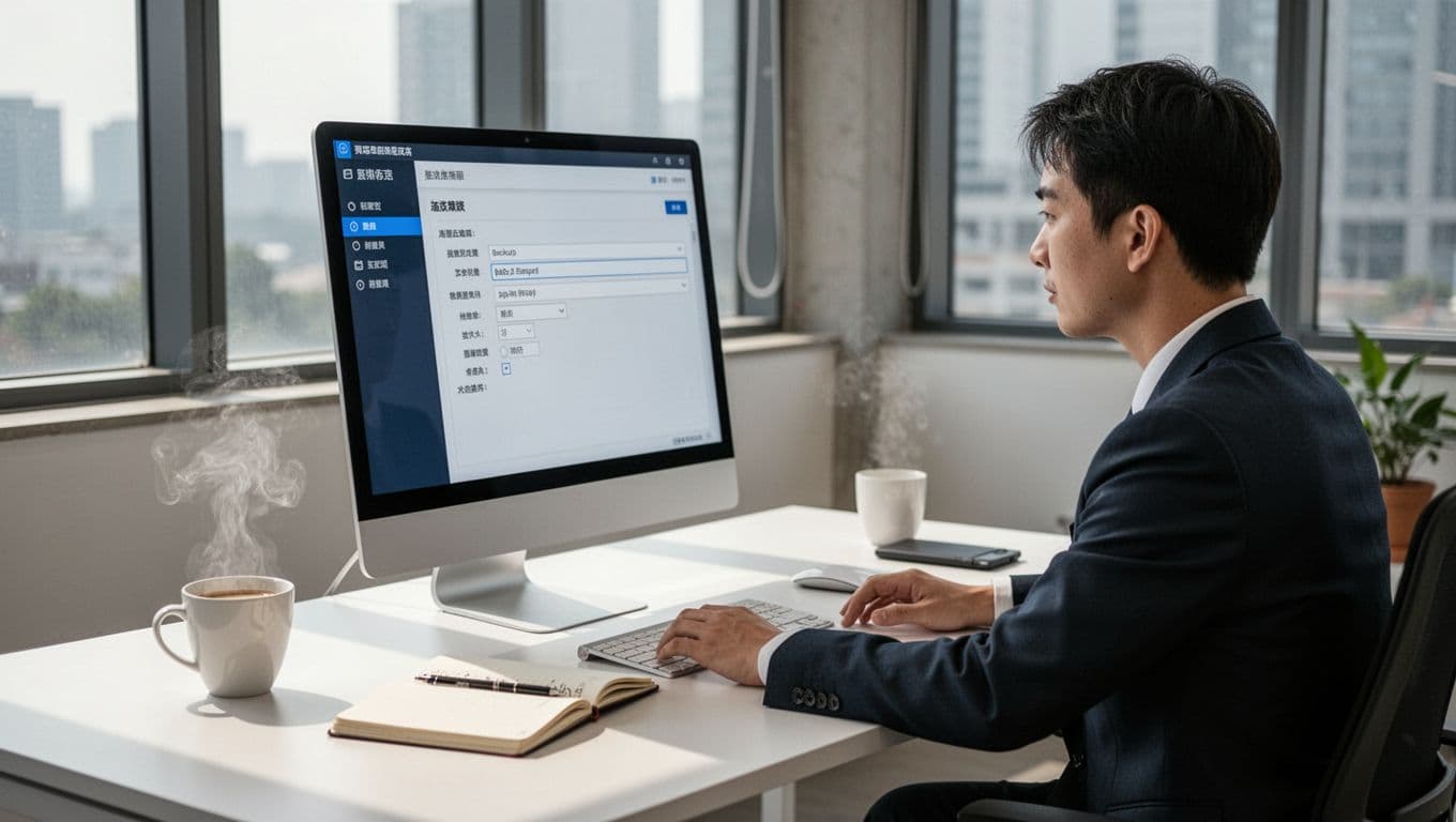 Taiwanese website administrator at desk examines WordPress backup settings on computer screen with coffee and notebook.