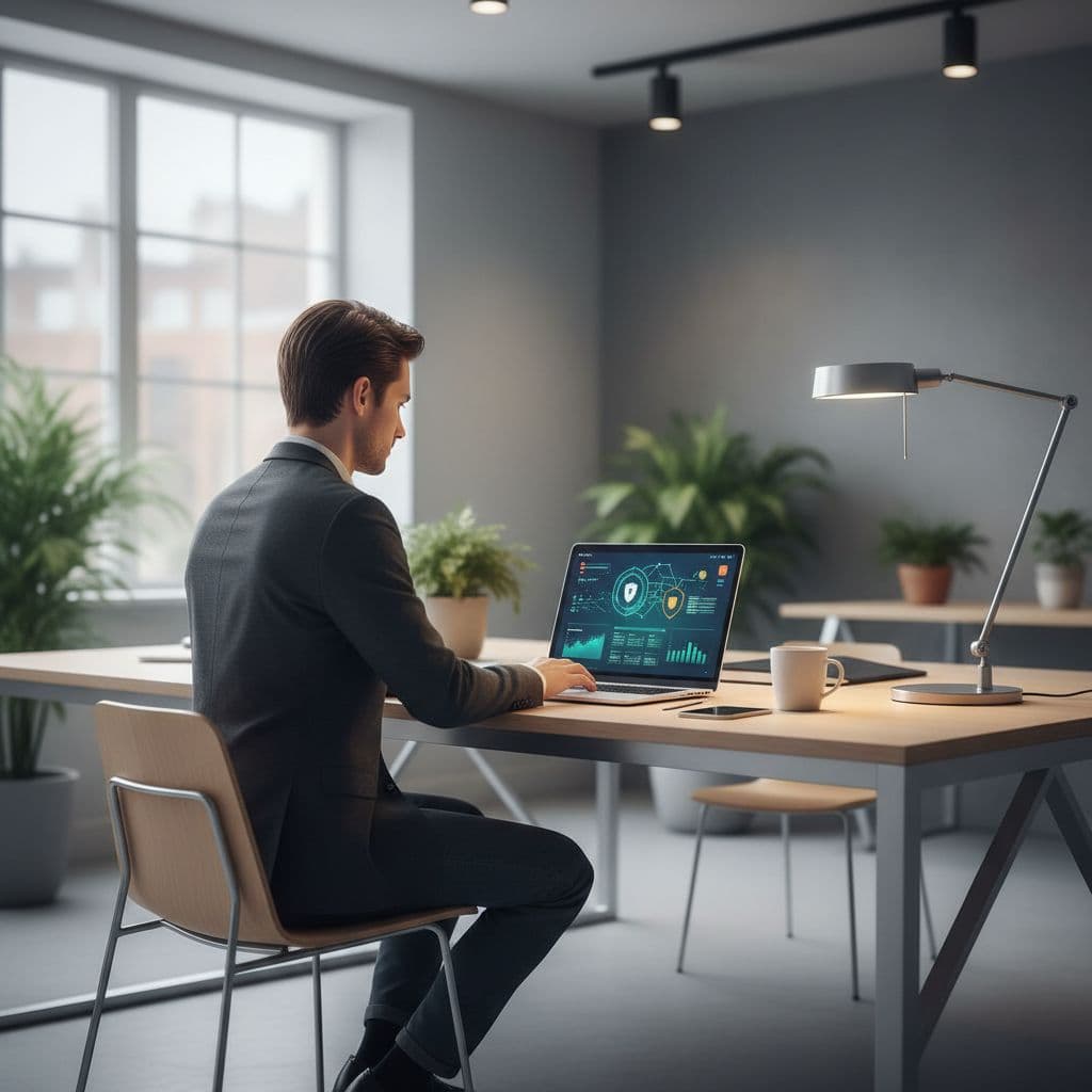 A focused professional manages a server dashboard on a laptop within a minimalist office. Soft ambient light illuminates the screen, highlighting the systematic approach to data protection and technical site maintenance.