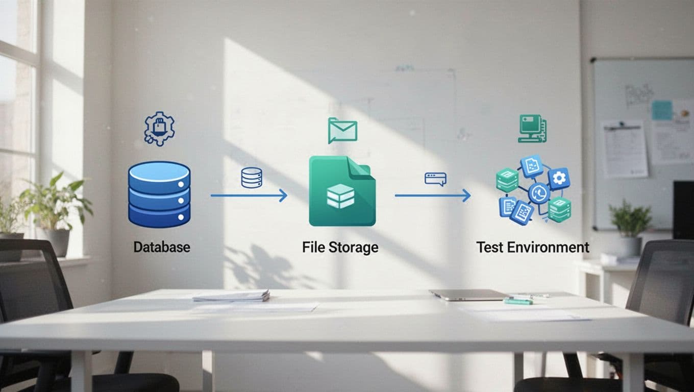 Clean vector flowchart depicts database, files, and test environment steps for WordPress restore, on blue-green office background.