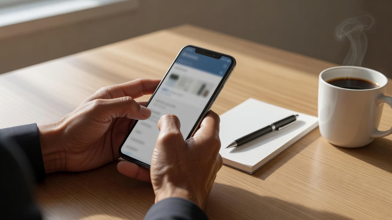 A close-up view of hands operating a smartphone on a minimalist office desk. Beside the device rests a tidy notepad, a sleek ballpoint pen, and a steaming mug of hot coffee.