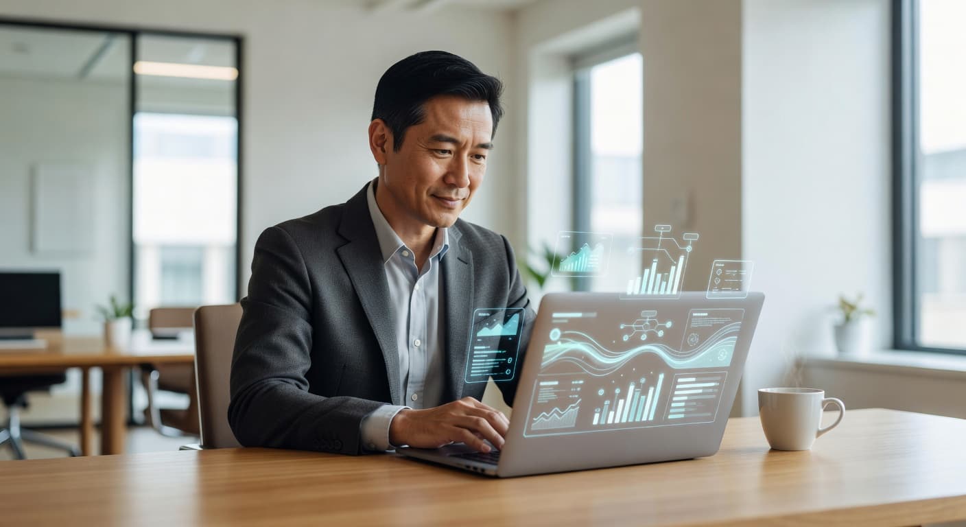 A focused professional sits at a clean wooden desk viewing a digital project map on a laptop screen. A steaming mug sits nearby within a bright, contemporary office environment flooded with light.