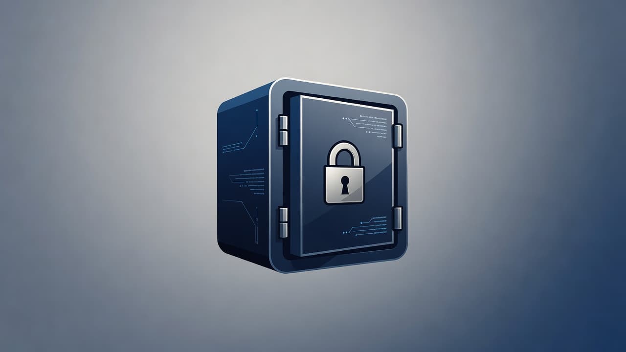 A stylized metallic vault door centered against a soft blue gradient background. Precise geometric lines and subtle shadows emphasize its robust construction as a metaphor for locked, protected digital assets.