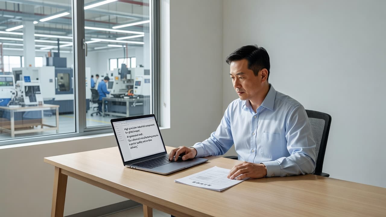 An industrial manager sits at a minimalist desk focusing on a laptop screen displaying text documents. A printed technical specification sheet rests neatly beside the computer in a sunlit workspace.