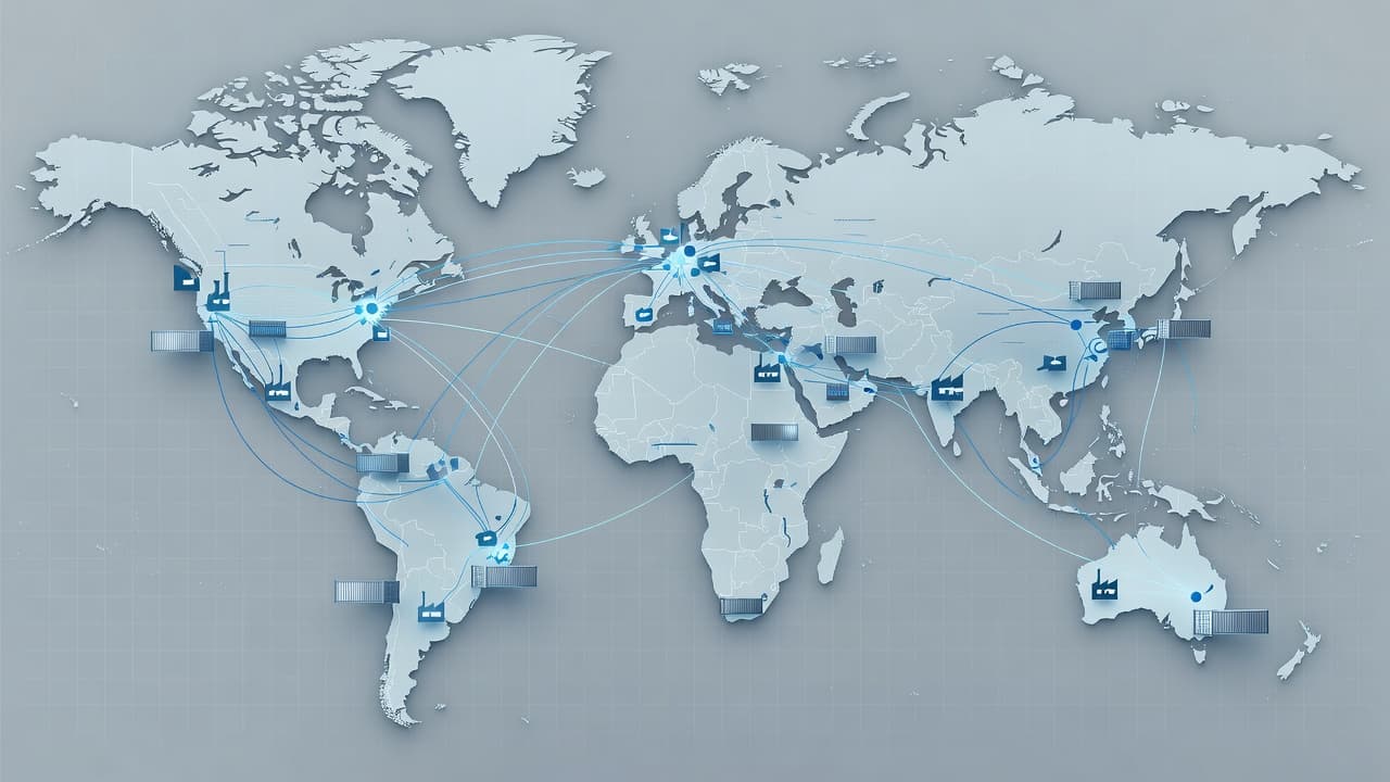 Clean lines map out international shipping routes connecting Asian manufacturing hubs to North American ports. Glowing nodes represent logistical warehouses, while small stylized containers drift across a minimalist digital interface surface.