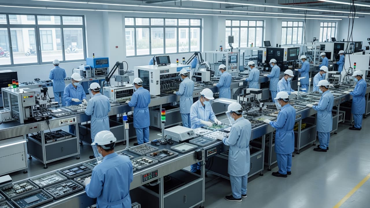 Clean assembly lines fill a bright Vietnamese facility where technicians in professional uniforms operate heavy industrial machinery. The organized workspace features rows of equipment and parts under efficient overhead lighting systems.