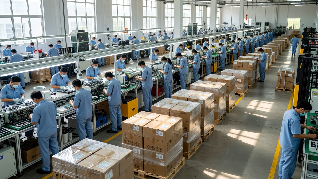 Workers assemble goods along a structured industrial floor featuring neatly stacked pallets of inventory. Rows of machinery and natural light from large windows create an atmosphere of high-volume seasonal export preparation.