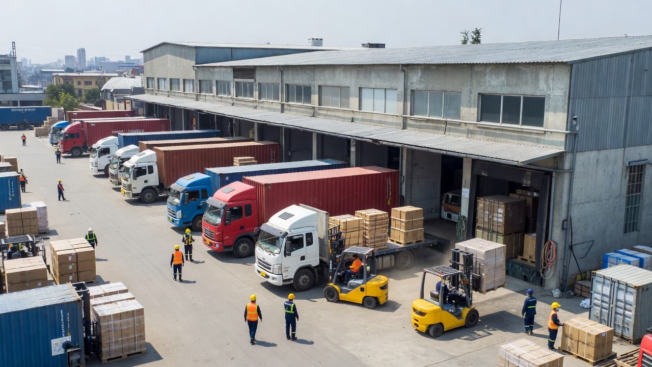 Multiple cargo trucks line up at a concrete loading dock outside a busy industrial warehouse in Hanoi. Workers maneuver metal shipping crates near the open bays under bright daytime sunlight.