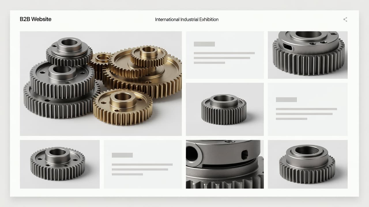 A sleek digital landing page interface showcases polished mechanical components arranged on a neutral background. The layout emphasizes professional trust and lead generation through spacious, minimalist design and soft, professional illumination.