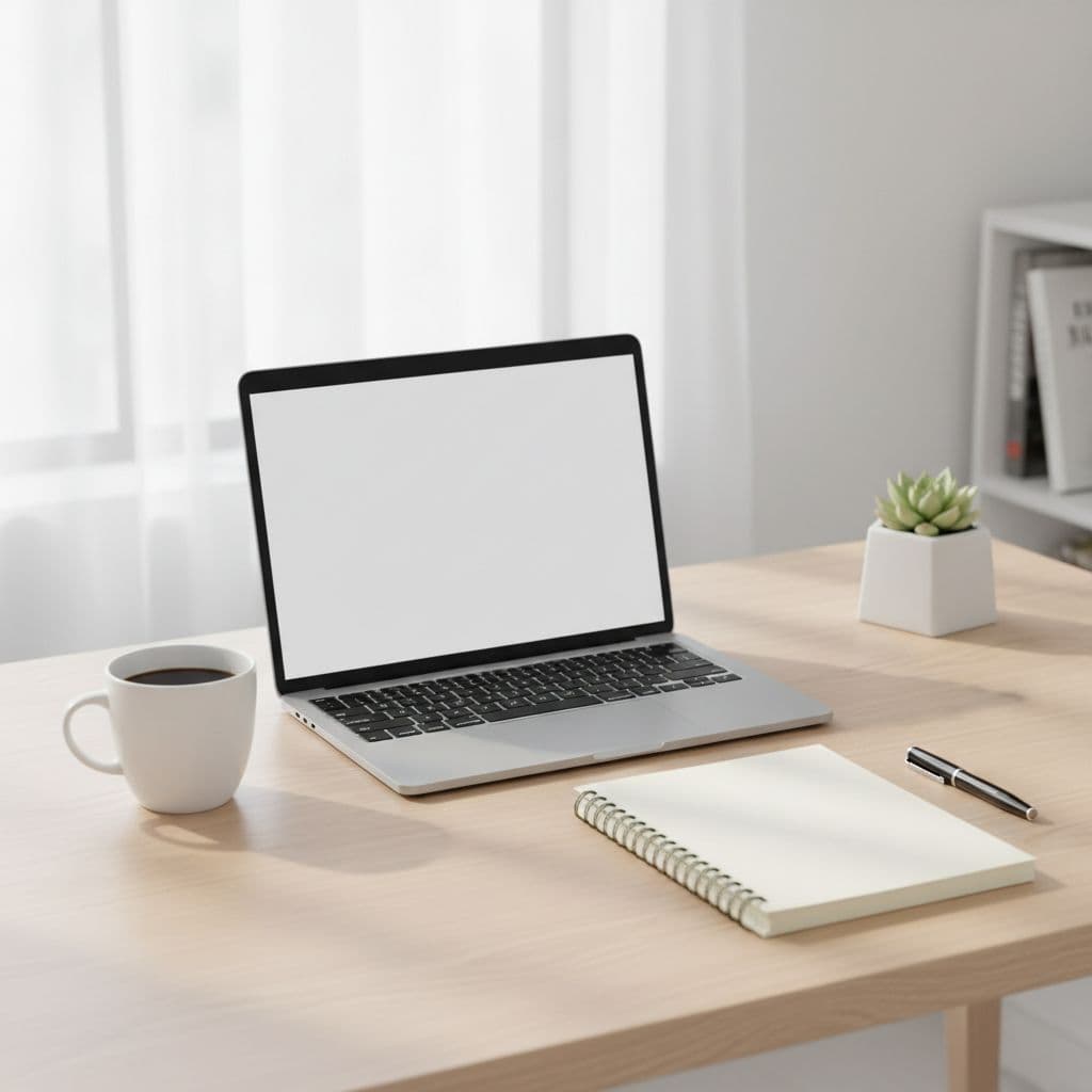 A sleek white desk surface features an open laptop, a spiral-bound notebook for strategic mapping, and a steaming coffee mug. Soft natural light illuminates the clean workspace for productive project planning.