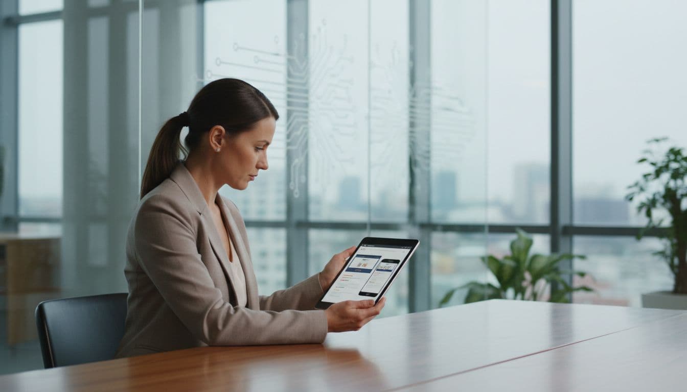 A focused entrepreneur reviews mobile-responsive website layouts on a sleek tablet device within a sunlit, modern office. The bright workspace environment promotes efficiency and professional web development strategies for business growth.