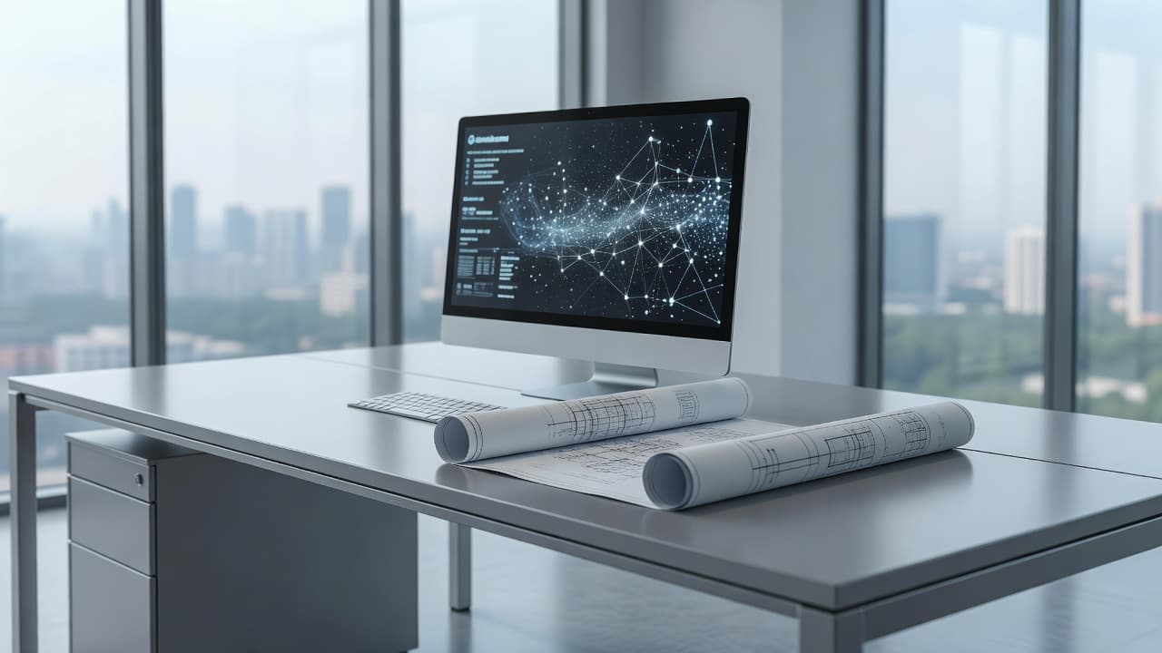 A clean workstation displays a large computer monitor and rolled technical engineering blueprints. Soft natural light filters through the room, highlighting the professional organization and digital assets of the manufacturing space.