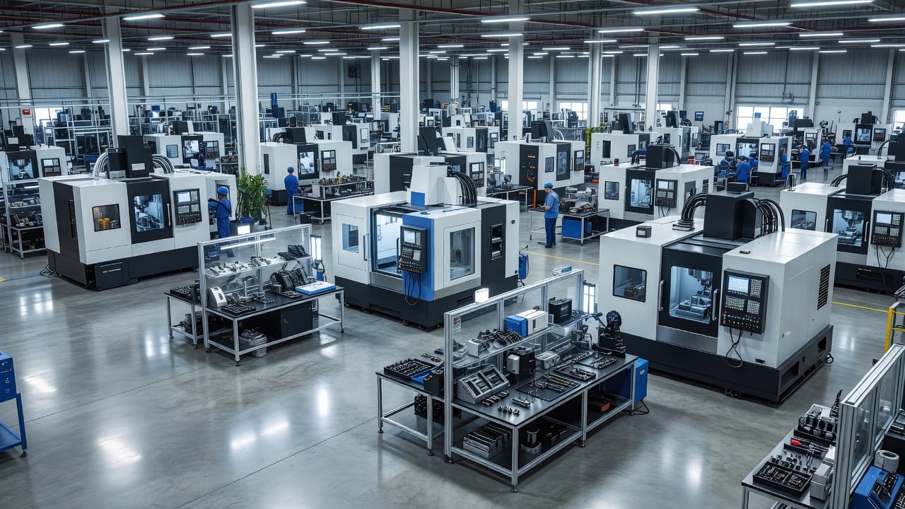 Bright rows of precision CNC machines and organized assembly stations fill the expansive factory floor. High-angle perspectives capture the clean, efficient workflow typical of an advanced industrial production site in Vietnam.