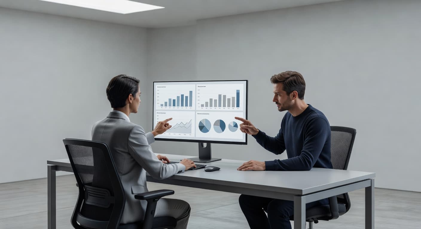 Two business partners sit at a clean workstation analyzing a digital dashboard on a computer screen. Their hands gesture toward the monitor while they coordinate shared project permissions and assets.