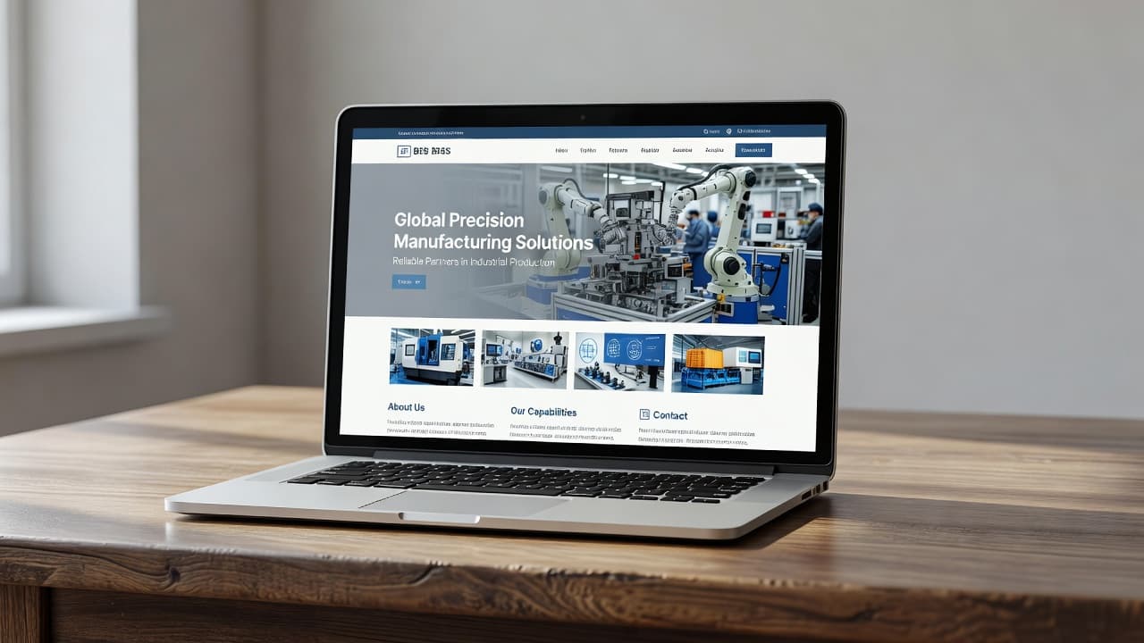 A sleek business website layout appears on a laptop screen resting atop a polished wooden surface. Soft, natural morning light enhances the clear contrast between the dark desk and display.