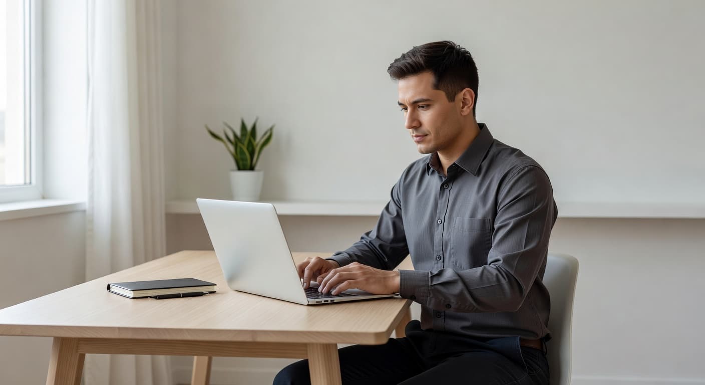 A focused individual types on a laptop at a minimalist wooden desk within a sunlit room. The clean workspace features organized office supplies and neutral decor to enhance overall work productivity.