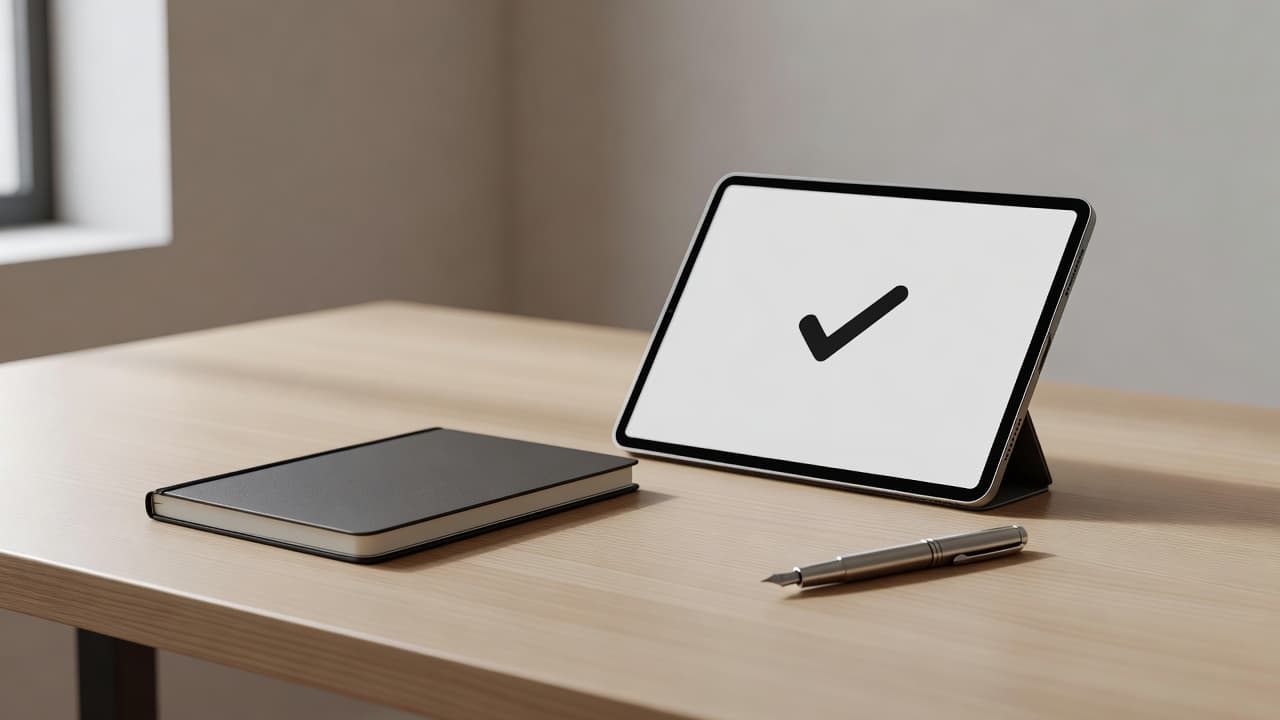A fountain pen rests beside an open notebook and a tablet displaying a clean checkmark symbol. The items are arranged neatly on a smooth surface with soft, diffused natural light overhead.
