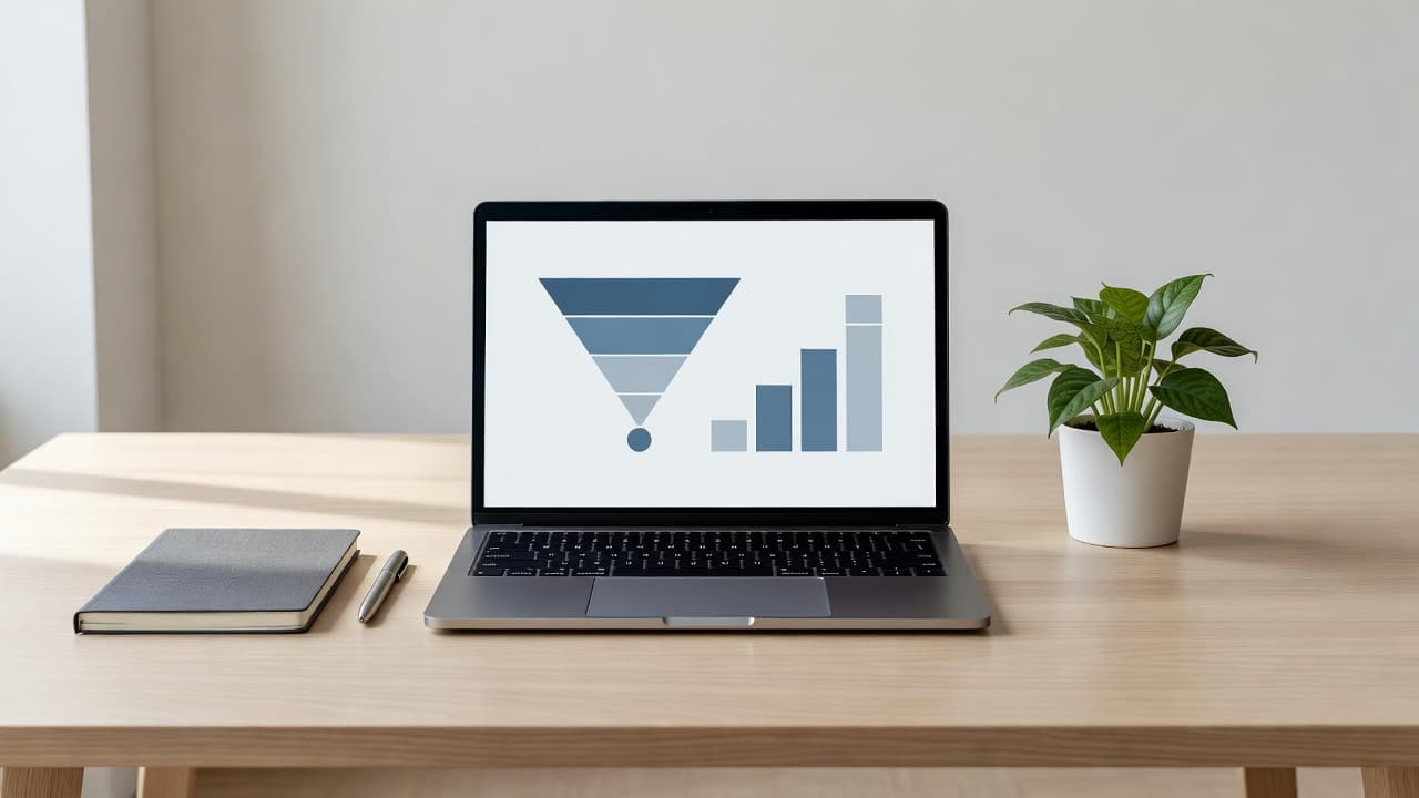 A sleek white desk features a single laptop, a closed journal, and a small vibrant succulent. Soft natural sunlight illuminates the organized setup against a neutral, uncluttered professional background.
