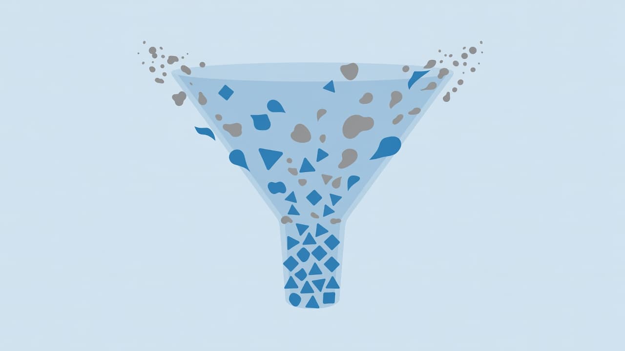 A minimalist blue and gray funnel graphic displays various geometric shapes entering the top, while only selected forms emerge through the narrow base, effectively illustrating the process of traffic qualification.