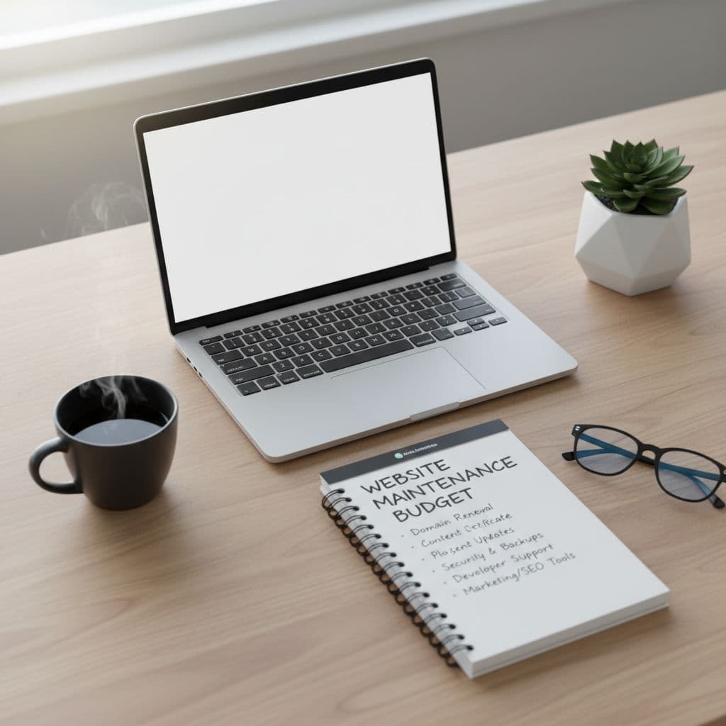A top-down view shows a sleek laptop placed next to an open notebook filled with financial calculations. A steaming ceramic coffee mug rests nearby on a warm wooden desk surface.