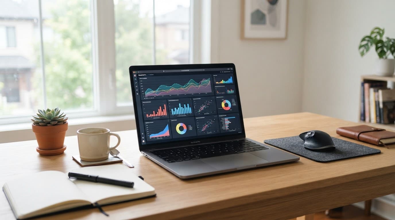 筆記型電腦顯示數據圖表,置於柔和自然光照亮的現代工作桌上。