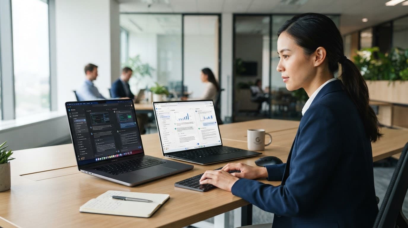 一名人士在企業辦公室使用兩台顯示聊天助理介面的筆電。